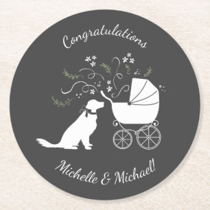 Dessous-de-verre Rond En Papier Golden Retriever Baby shower chien genre neutre