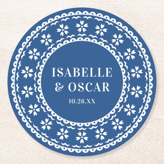Dessous-de-verre Rond En Papier Gorgeous Ornate Papel Picado Blue Wedding (Devant)