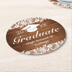 Dessous-de-verre Rond En Papier Graduation en bois rustique et dentelle blanche