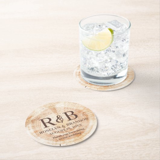 Dessous-de-verre Rond En Papier Grain de bois Merci Mariage rustique Favoriser le  (En situation)