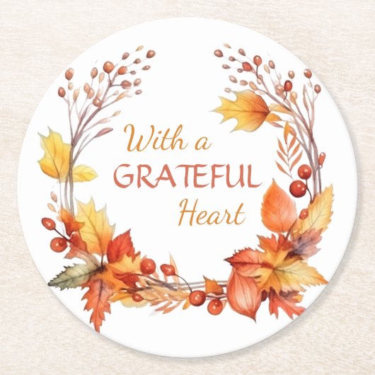 Dessous-de-verre Rond En Papier Grateful Heart Automne quitte Thanksgiving (Devant)