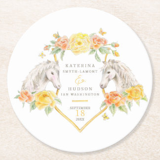 Dessous-de-verre Rond En Papier Gray horses and yellow roses monogrammed wedding