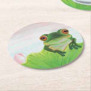 Dessous-de-verre Rond En Papier Grenouille verte derrière le dessous de verre de p