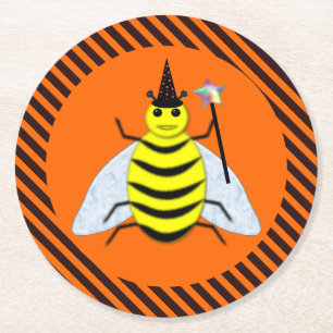 Dessous-de-verre Rond En Papier Halloween Magic Bee Witch Orange et Black Stripes