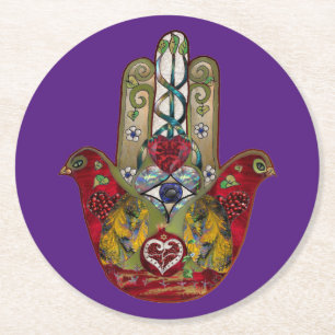 Dessous-de-verre Rond En Papier Hamsa Rouge Oiseau Cœur Grenade Rubis