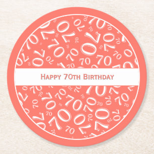 Dessous-de-verre Rond En Papier "Happy 70th Birthday" Coral/Motif numérique blanc