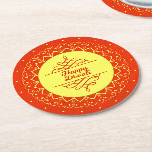 Dessous-de-verre Rond En Papier Happy Diwali Orange Cream Mandala Modern