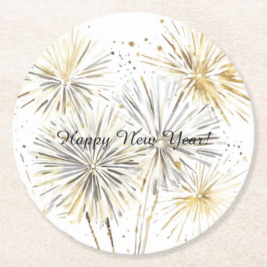 Dessous-de-verre Rond En Papier Happy New Year Gold Silver Fireworks (Devant)