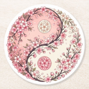 Dessous-de-verre Rond En Papier Harmonie Fleur de Cerisier Rose Yin Yang