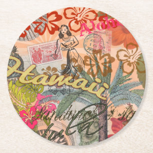 Dessous-de-verre Rond En Papier Hawaii Hula Fleur Voyage Vintage