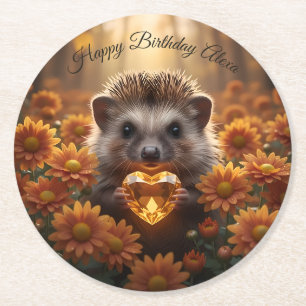 Dessous-de-verre Rond En Papier Hérisson mignon de novembre avec cœur de topaze