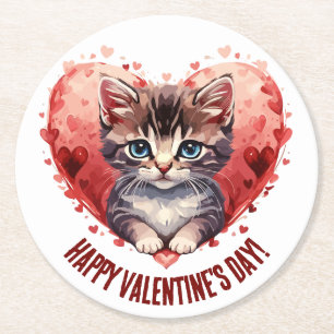 Dessous-de-verre Rond En Papier Heureuse Sainte-Valentin Little Kitten avec coeur