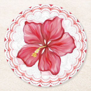 Dessous-de-verre Rond En Papier Hibiscus & dentelle RED