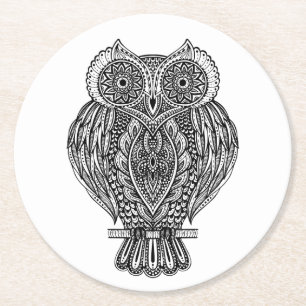 Dessous-de-verre Rond En Papier Hibou fleuri tiré par la main inspiré