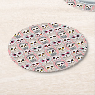Dessous-de-verre Rond En Papier Hiboux Bébés sur Fond Rose Pâle Motif