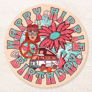Dessous-de-verre Rond En Papier Hippie Retro couleurs Vintages Anniversaire