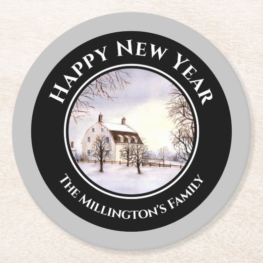 Dessous-de-verre Rond En Papier Hiver en Nouvelle-Angleterre Noël Cercle gris noir (Devant)