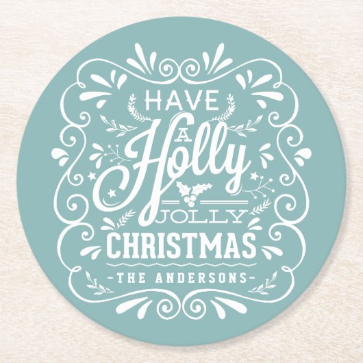 Dessous-de-verre Rond En Papier Holly Jolly Christmas Chalk Art Holiday Party Blue (Devant)
