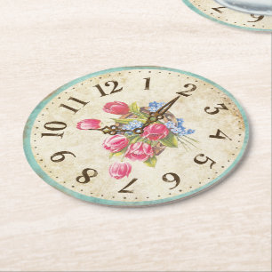 Dessous-de-verre Rond En Papier Horloge Shabby avec Tulips Tea Party Dessous de ve