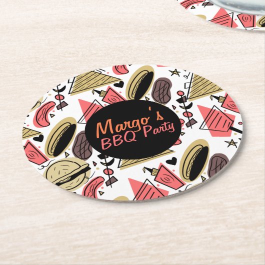 Dessous-de-verre Rond En Papier Hotdog Burger Doodle BBQ Motif d'anniversaire (Incliné)