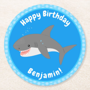 Dessous-de-verre Rond En Papier Illustration joyeuse du grand requin blanc