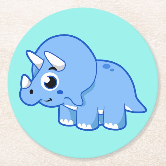 Dessous-de-verre Rond En Papier Illustration Mignonne D'Un Dinosaure Tricératops. (Devant)