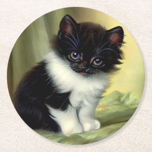 Dessous-de-verre Rond En Papier Illustration vintage Tuxedo Kitten