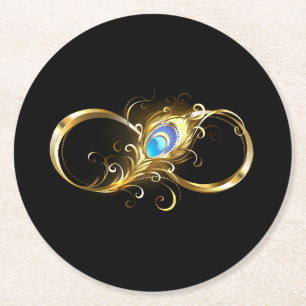 Dessous-de-verre Rond En Papier Infinité avec plume de paon doré