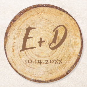 Dessous-de-verre Rond En Papier Initiales de mariage rustiques tranche de bois mar