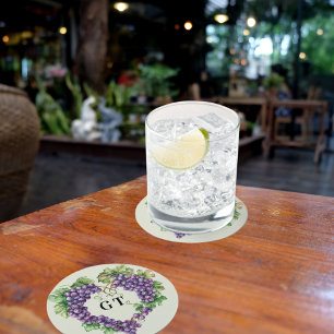 Dessous-de-verre Rond En Papier Initiales de monogramme de cœur de raisins