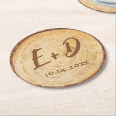 Dessous-de-verre Rond En Papier Initiales de monogramme de tranche de bois rustiqu (Incliné)