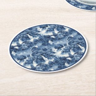 Dessous-de-verre Rond En Papier Jardin d'eau japonais en porcelaine blanche bleue