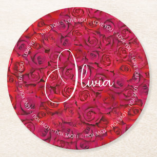 Dessous-de-verre Rond En Papier Je t'aime Nom personnalisé Roses rouges Amour