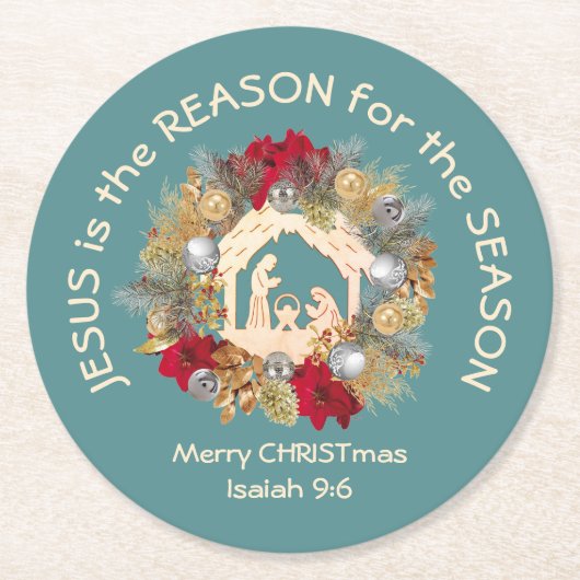 Dessous-de-verre Rond En Papier JÉSUS EST LA RAISON DE Noël Bleu (Devant)