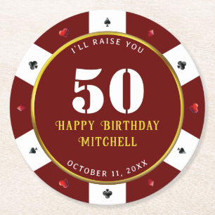 Dessous-de-verre Rond En Papier Jeton de poker Fête d'anniversaire 50 ans Rouge