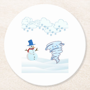 Dessous-de-verre Rond En Papier Joli bonhomme de neige et vent d'hiver