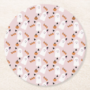 Dessous-de-verre Rond En Papier Joli fantôme d'Halloween confettis orange rose