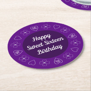 Dessous-de-verre Rond En Papier Joli Joyeux Anniversaire 16 Ans Fête Violet
