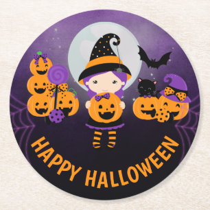 Dessous-de-verre Rond En Papier Jolie fille sorcière et citrouilles Joyeux Hallowe
