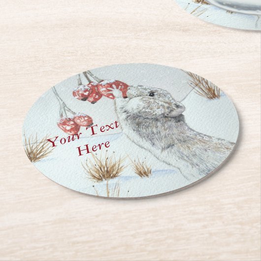 Dessous-de-verre Rond En Papier jolie souris de champ neige d'hiver (Incliné)