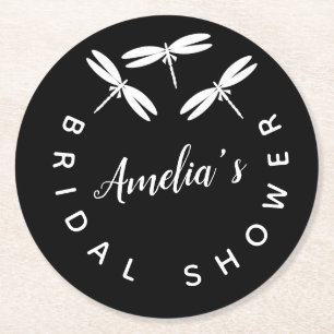 Dessous-de-verre Rond En Papier Jolies Libellules Noires Baby Shower Mariage
