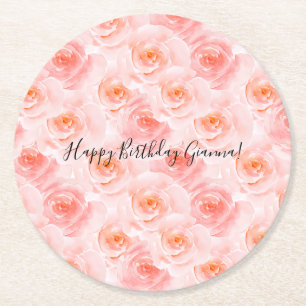 Dessous-de-verre Rond En Papier Jolies Roses Aquarelle Rose Pâle Anniversaire