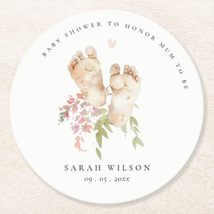 Dessous-de-verre Rond En Papier Jolis Pieds de Bébé Fille Floral Rose Pâle Baby Sh