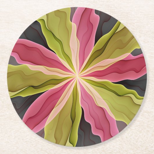 Dessous-de-verre Rond En Papier Joy, Vert rose Anthracite Imaginaire Fleur Fractal (Devant)