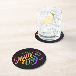 Dessous-de-verre Rond En Papier Joyeuse Fête des Mères Colorée Calligraphie Arc-en