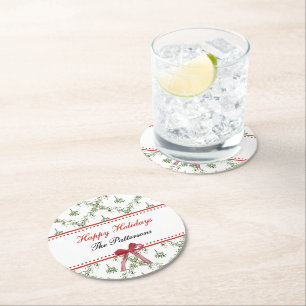 Dessous-de-verre Rond En Papier Joyeuses fêtes Mistletoe Red Bow Custom Christmas