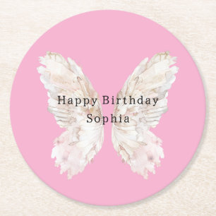 Dessous-de-verre Rond En Papier Joyeux Anniversaire Ailes de Papillon Rose Assez F