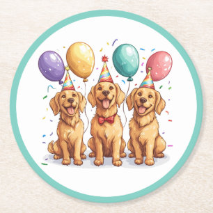 Dessous-de-verre Rond En Papier Joyeux Anniversaire Chiens Retriever Dore