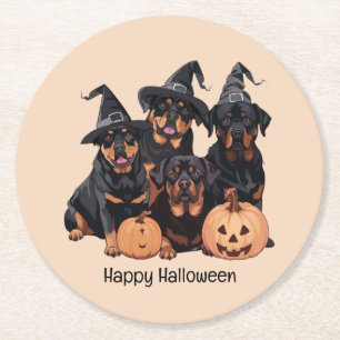 Dessous-de-verre Rond En Papier Joyeux chien Rottweiler Halloween Jack-o'-lantern
