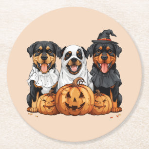 Dessous-de-verre Rond En Papier Joyeux chien Rottweiler Halloween Jack-o'-lantern